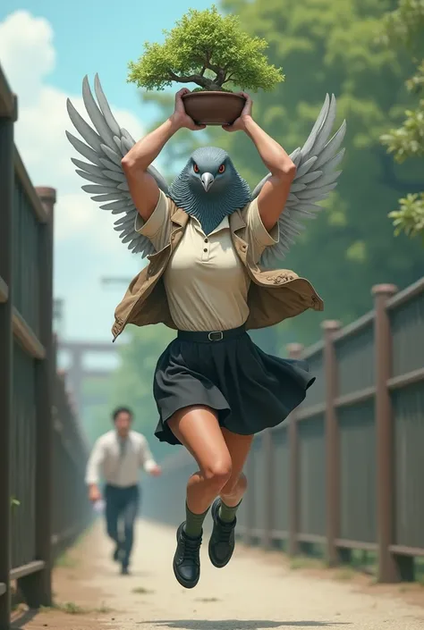 ((Highest quality)), ((realistic photo, ultra realistic photo)), (An evil open-mouthed smile), (He is holding a small bonsai tree above his head with both hands.), ((Jumping over the fence and escaping)), A gray female pigeon wearing an off-white collared ...