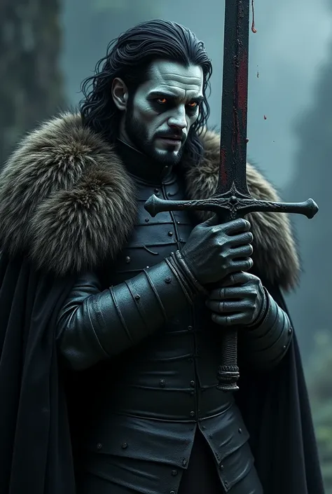 Picture of Jon snow from game of thrones in armor. He is holding a sword gushing with dark energy. His face is like that of dead. His face looks like a skeleton. His face is all bones