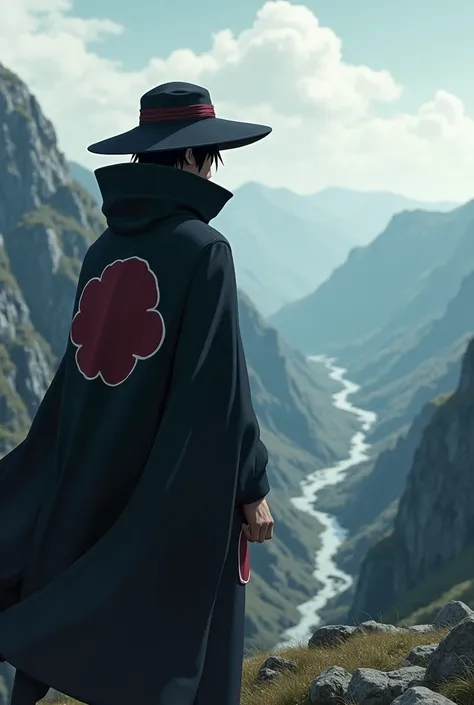 Obito looking at the landscape with the Akatsuki outfit in front 