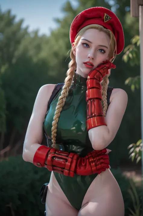 masterpiece, best quality, highres, 1girl, cammy white, twin braids, long hair, blonde hair, antenna hair, beret, (red headwear:1.3), blue eyes, scar on cheek, green leotard, large breasts, sleeveless, red gloves, fingerless gloves, camouflage, cowboy shot...