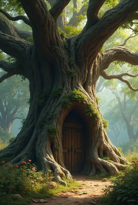 Generate a photo of and old ancient oak with a small hidden door 