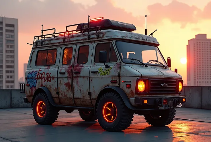 (best quality), (masterpiece), (realistic futuristic digital art), parkour-survival-van, hyper detailed, reinforced bars on sides, blood-splattered doors, UV-lights mounted on roof, makeshift spike traps on front, neon-glowing wheels, bright graffiti on si...