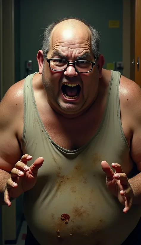 ugly middle-aged Japanese man, greasy, balding, overweight, wearing glasses, wearing a tank top, sweating profusely, hair all over body, disgusting expression, leering grin, both hands outstretched as if trying to grab something, detailed facial expression...