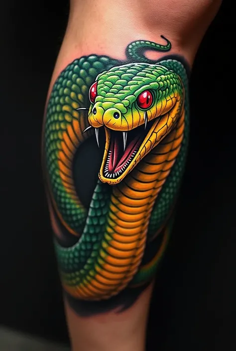 A cobra naja yellow anda green, with opened mouth, with eyes on a shape of red diamonds and tattooed on a male left leg