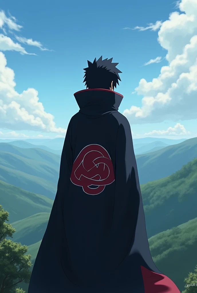 Obito looking at the landscape with the Akatsuki outfit from the front without the hat make the correct Akatsuki cloud 