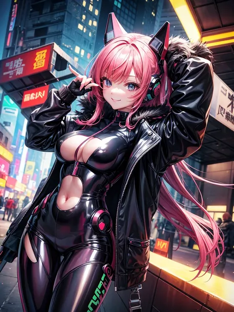 Best Quality，8k，middle School girls，Colorful latex suit，Bodysuits，smile，I am driving a car，robotに乗る戦闘員，Im grating my bangs，ＳＦ，Straight Hair，fur jacket，Colorful，Leather pants，perfectionにまっすぐな髪型，Smooth hair，beautiful girl，Cyberpunk Girl，Naughty・モデル，Absurd，We...