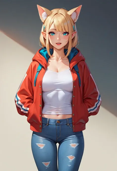 ((Best high quality:1.2)), (8k), extremely detailed, ((High detail:1.2)), 1 pretty perfect hot female, ((denim pants, hooded jacket with ears)),