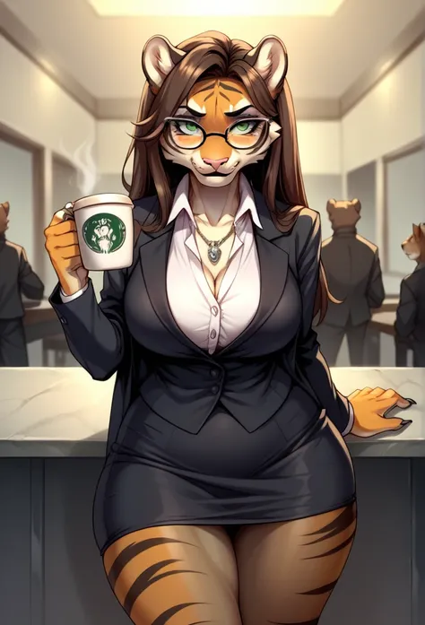  check_9, check_8_ up, check_7 From the author: cry, nnegrafox, anthropomorphic furry tiger, green eyes, long brown hair, One, big_breast, wide hips, corporate gothic, Glasses, Black classic blazer, black pencil skirt, nylon tights, Open neckline, NECKLACE...