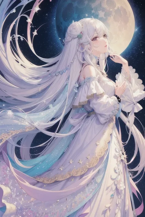 (masterpiece, Highest quality, Highest quality, Official Art, beautifully、aesthetic:1.2), (One girl), Very detailed,(Fractal Art:1.3),colorful,Most detailed,Beautiful white long hair, Sparkle Effect, Rococo, moon,goddess,pastel colour，Pastel Pink，Pastel Bl...