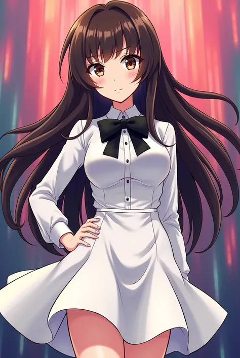 Create a character with the art style of Danganronpa v.2. Her eyes are light brown. She has long and dark brown hair. She wears a white dress and a black bow tie.