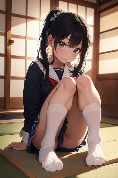 A beautiful detailed woman in a Japanese house, wearing a sailor uniform with cornrows, sitting on the floor and removing her socks, barefoot, revealing the soles of her feet, in a vulnerable pose, (best quality,4k,8k,highres,masterpiece:1.2),ultra-detaile...