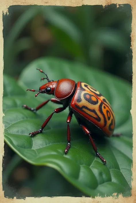 Photography of a sir redvers beetle with a face upon its back sitting on a leaf, showing the back showcasing a face-like design exoskeleton at a tilted angle, a Polaroid picture quality
