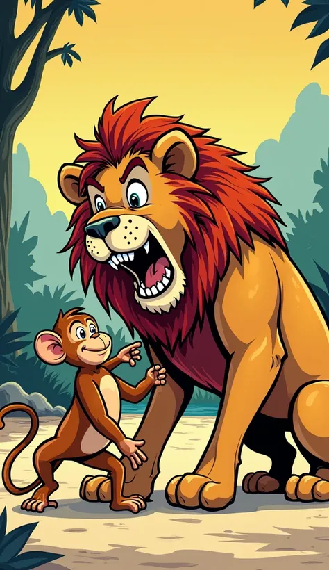 The monkey walks in circles around the trapped lion, with a mischievous air, while the lion, drawn in a comic book style and embarrassed, dice "Don&#39;t be a monkey!" The monkey answers  "No one will believe this anyway!", with a smile of pure evil.