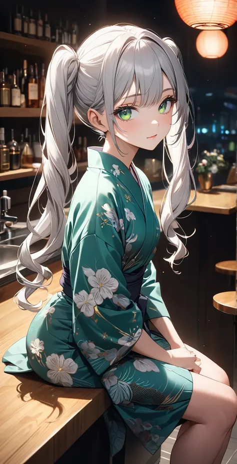 Ultra high resolution, rich colors, perfect image, top quality, detailed image, beautiful woman, glowing skin, texture of skin and clothes, delicate eyes, stylish bar, counter seat, sitting on counter chair, wearing yukata, silver hair twin tails, green ey...