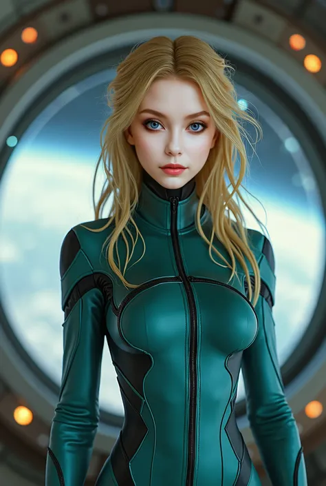 A beautiful alien woman, with grey skin and yellow eyes, blonde hair, standing at the bridge on a intergalactic spaceship, she is wearing a teal life support suit, nebula and a red planet can be seen from the window, she looks very sexy, she has a sensual ...