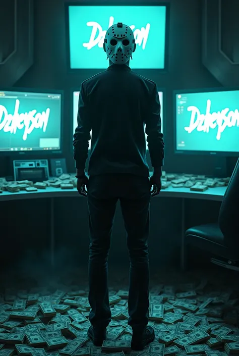 the character Jason from the anime Tokyo Ghoul is standing and behind him are 3 monitors and a bunch of money on the monitors there must be a clearly visible inscription dzheyson also the character must be wearing a Jason Voorhees mask