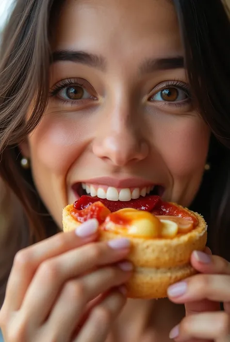 Someone eating sweet delicious food Realistic ,looking to the camera