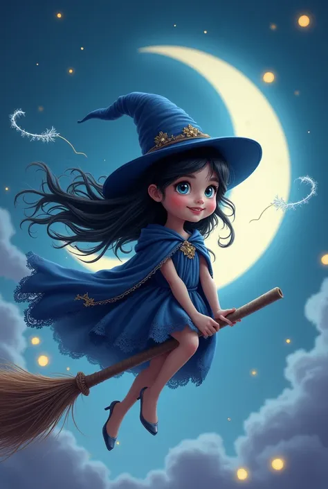 Cute little witch black hair and blue eyes Flying on a broomstick