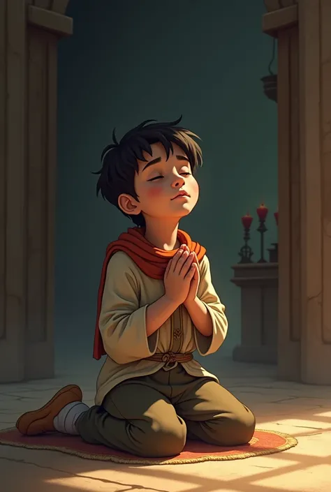 A young boy praying in a quiet place 
