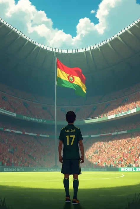 1 boy debuts in his first match as a professional in soccer in a giant stadium and he is wearing a dark green shirt, also shorts and socks and the shield on the shirt says fbf and the fans show flags with the name GUILLERMO SALAZAR and flags of Bolivia the...