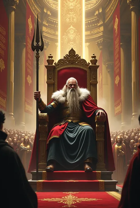 A picture of odin holding gungnir and sitting in a chair and huge crowd of Asgardians are in front of him 