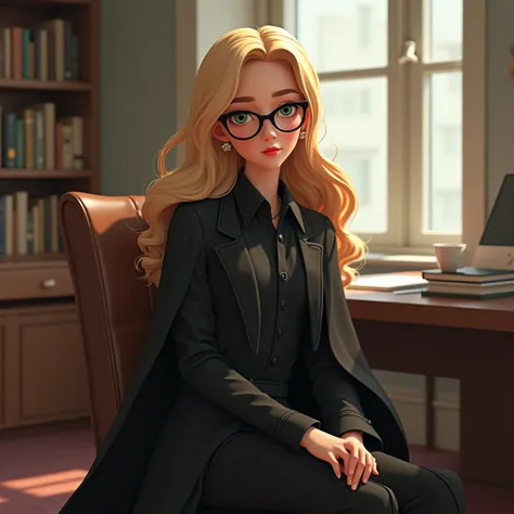 a long blonde hair mid 20s woman, medium weight body, medium breast, wearing eyeglasses, wearing long sleeve black gown and coat, sitting in library, laboratory as background, do not show breast, do not show boobs, masterpiece, award-winning 3d cartoon, co...