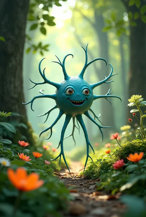 Make a Neuron with eyes and mouth walking in a forest

