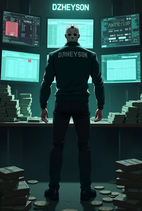 the character Jason from the anime Tokyo Ghoul is standing and behind him are 3 monitors and a bunch of money on the monitors there must be a clearly visible inscription dzheyson also the character must be wearing a Jason Voorhees mask and pumped up