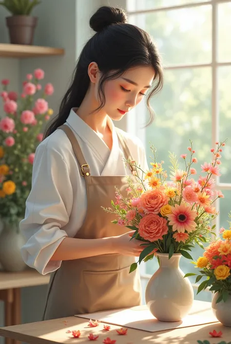 Arranging flowers in a vase, Florist, Japanese Girls, 最high quality, (masterpiece:1.2), high quality, High resolution, (Super detailed),