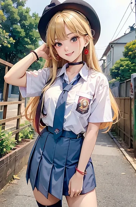 masterpiece, best quality, highres, kitagawa marin, 1girl, blonde hair, long hair, multicolored hair, red eyes, jewelry, earrings, piercing, school uniform, white shirt, tied shirt, black choker, blue necktie, plaid skirt, grin, standing, cowboy shot, outd...