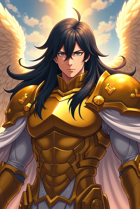 Create a character very similar to Ludociel , the leader of the 4 archangels from the anime Nanatsu no taizai , anime styling, he has golden armor, a white cape, long black hair, eyes locked, shields as shoulder pads for your armor 