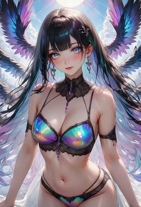 Long smooth straight black hair, inner colored iridescent hair, iridescent eyes,fantasy underwear, masterpiece, super detail, best quality, 8k,realistic