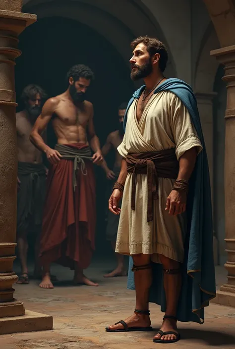 Realistic image of a Caucasian man with a beard and brown hair, clear thesis, bone colored tunic dress with elbow length sleeves, short brown skirt, simple leather belt at the waist, sandals with ankle-length ropes, sky blue cape, while inside a 1st centur...