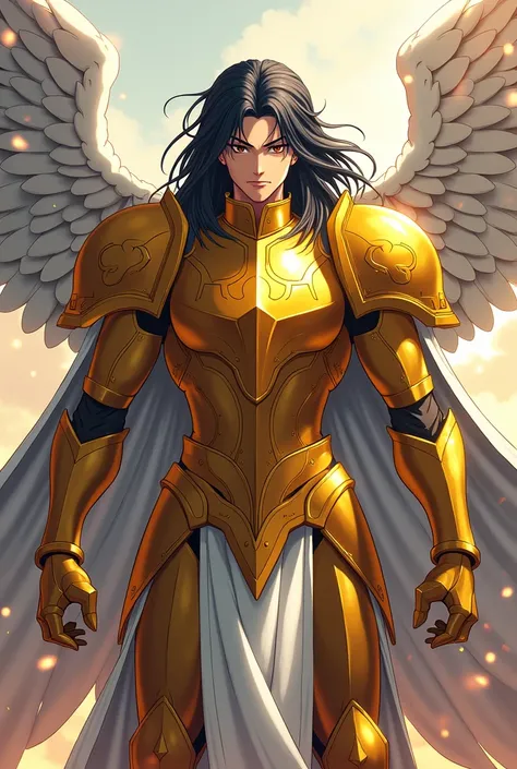 Create a character very similar to Ludociel , the leader of the 4 archangels from the anime Nanatsu no taizai , anime styling, he has golden armor, a white cape, long black hair, eyes locked, shields as shoulder pads for your armor 