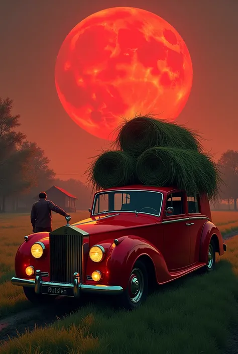 A farmar work in his field or yard and carry grass in rolls Royce in red moon season