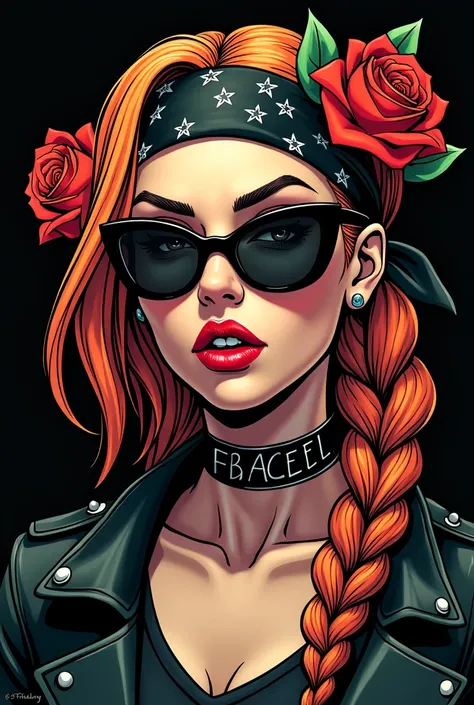  Harley lady face,Cartoon,empty black Background ,Gothic stil,orange and neon green hair,sunglasses,braided hair, bandana,roses