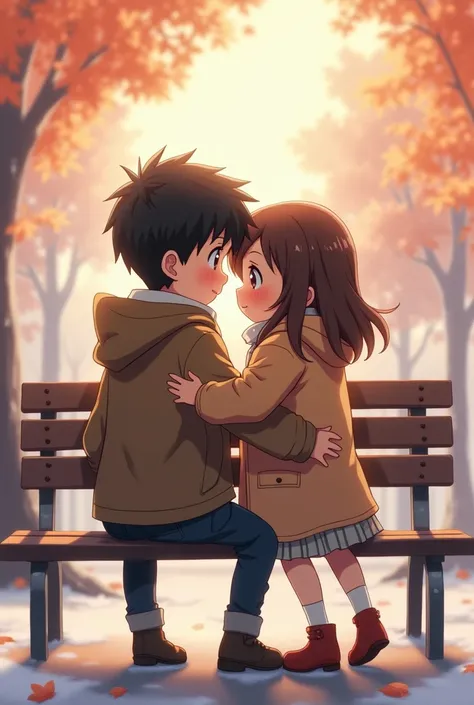 Girl and boy sitting on a bench covering one jacket from cold anime style 