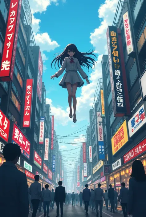 High resolution, The hustle and bustle of Akihabara、A girl floating up about 2 meters、Indifferent person々