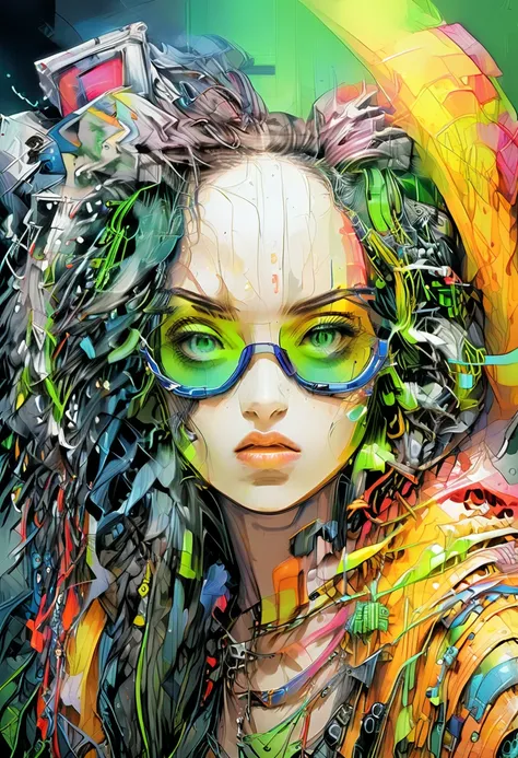 (Highest quality:0.8), (Highest quality:0.8), Perfect illustration((masterpiece, Highest quality)),Perfect illustration,In Anna Razumovskaya style，
Beautiful cyberpunk girl with dark hair and lots of colorful dreadlocks, Large, glowing fluorescent yellow-g...