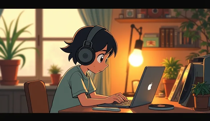 Cartoon character wearing headphones and sitting at a desk with a laptop, LOFI Girl, Lofi Artstyle, satoshi kon artstyle, Lofi Art, Ghibli Anime Style style, Anime movie screenshots, Ghibli Anime Style, LOFI Girl aesthetic, Chihiro! fujisaki, Lo-fi feel, G...