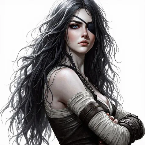 Digital Watercolor Style Image, of adult woman of cold beauty, long messy black hair, Pale skin, gray eyes, patch covering one eye, serious look, medieval assassin&#39;s attire, crossed arms, details added. 