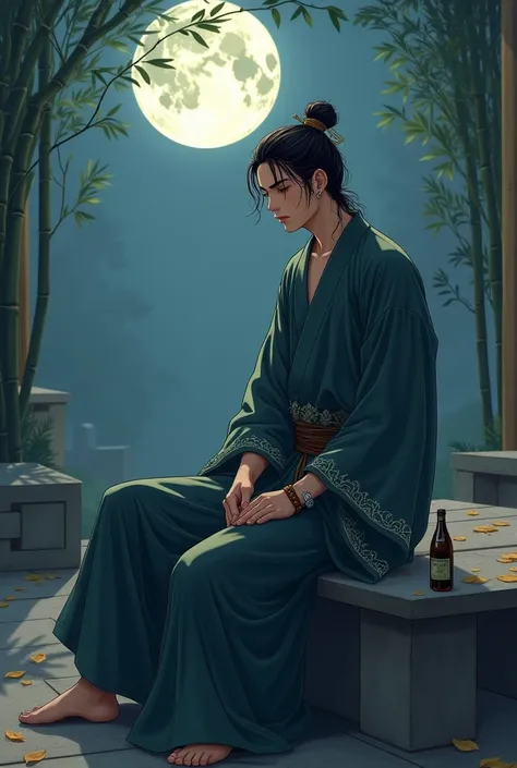 An ancient teenage man wearing dark blue or dark green robes，Delicate embroidery patterns on cuffs and placket，A wide belt is tied around the waist，There is a small wine bottle hanging on it。Long hair tied into a simple bun，Secure with a wooden hairpin，Hai...