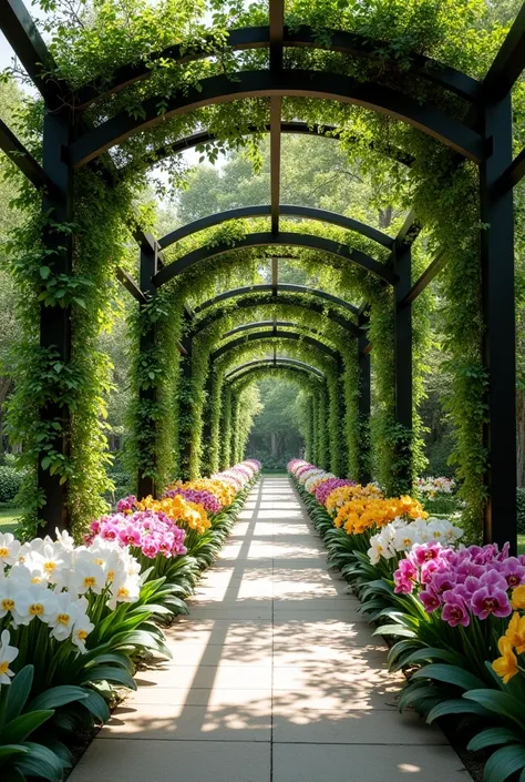 a magnificent and sturdy pergola, made of wood or metal that looks stable and orderly. This pergola structure is curved or shaped like a canopy that stretches over the path, provides a sense of protection and comfort.Around the pergola, creeping plants suc...