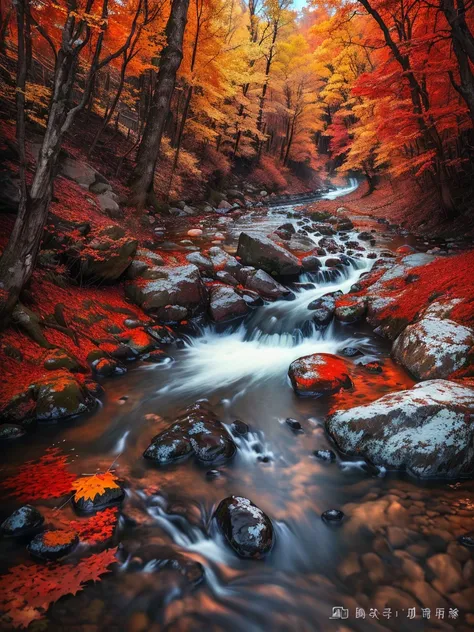 A stream flows through a forest full of red leaves, The colors are brilliant and rich, Beautiful nature, Surreal Fall, vibrant water river, natural scenery, Autumn Tranquility, Gentle sparkling forest stream, nature photography 4k, Beautiful flowing feelin...