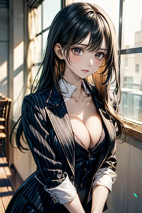 masterpiece, 最high quality, High resolution,alone, Accurate human body、Knowledgeable person、Correct five-finger,Large Breasts,Cleavage,Straight long hair,Close up portrait of woman holding purse and handbag, Wearing a fashion suit, high quality suit, weari...