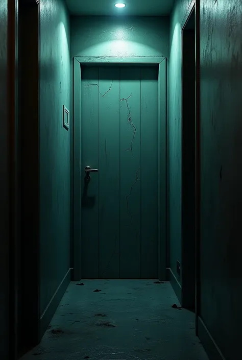 bathroom terror, door closed, seen from a dark corridor