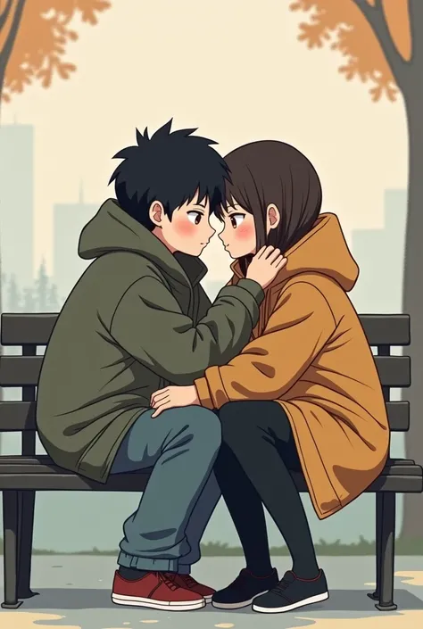 A guy and a girl sitting on a bench hiding in one jacket of a girl hugged with each others shoulders anime style. Looking forward awkwardly