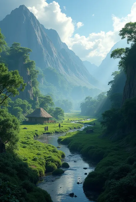 Landscape with mountains, stream, dark green forest trees  and clouds, african mountain forest,  stream,  some little huts are peeping out from the body of mountain mountain from far away, in a diatance from those huts some little people are working on fie...