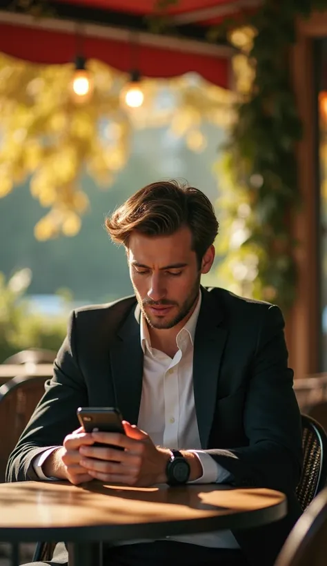 An exquisite photograph of a young businessman, semi-formal wear in a stylish outfit, sitting in a cozy outdoor coffee shop surrounded by nature. looking confused while scrolling on his phone. The warm ambiance is accentuated by the soft sunlight filtering...