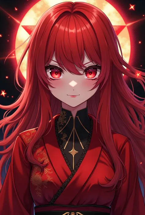 Red hair and red eyes、Anime girl in red clothes,, [[[[smile wickedly]]]], Akasuki Void Star, Onmyoji portrait, Hajime Yatate, Anime Moe Art Style, Portrait of a girl in the Knights of the Zodiac, Keqing of Genshin Impact,Game Genshin Impact